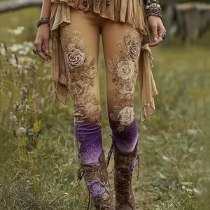 Floral Embroidered Leggings with Purple Accents Large